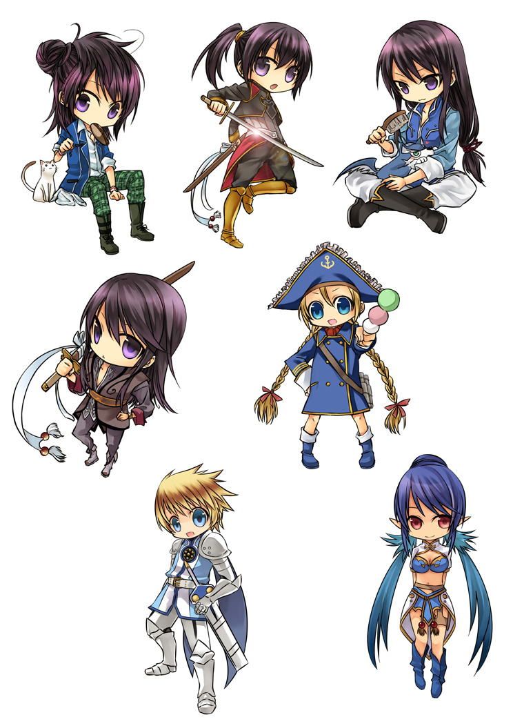 argent-ag, armor, black_hair, blonde_hair, blue_hair, boots, braid, cat, coat, dog, flynn_scifo, hair_brush, hair_bun, hair_up, hand_on_hip, hat, hips, judith, knight, long_hair, midriff, mouth_hold, multiple_persona, pants, patty_fleur, pirate_hat, pointy_ears, ponytail, puppy, purple_eyes, red_eyes, repede, tales_of_(series), tales_of_vesperia, twin_braids, twintails, violet_eyes, yakisoba, yuri_lowell