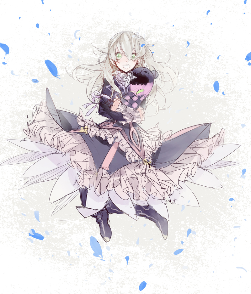 blonde_hair, doll, elise_lutas, elise_lutus, green_eyes, long_hair, petals, smile