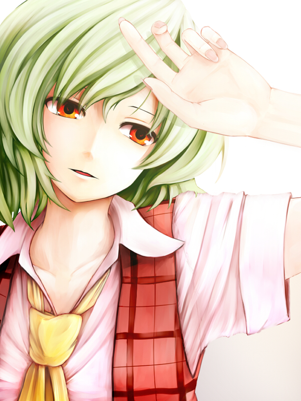 ascot, bad_id, bust, close-up, face, fingernails, green_hair, hands