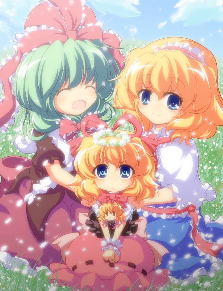 alice_margatroid, anime_coloring, bellflower, belt, blonde_hair, blue_dress, blue_eyes, blue_sky