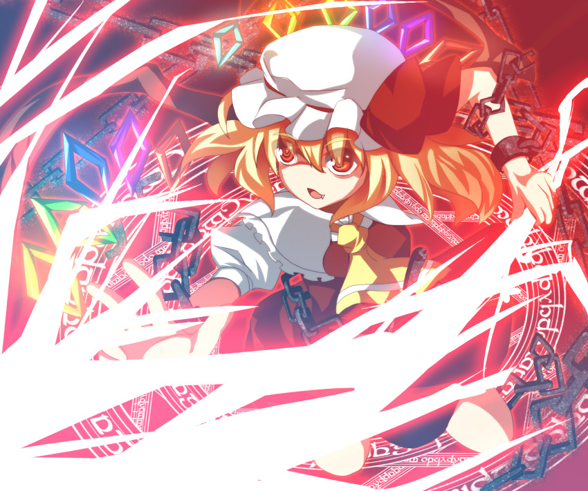 ascot, blonde_hair, blush, chain, chains, fang, flandre_scarlet, hat