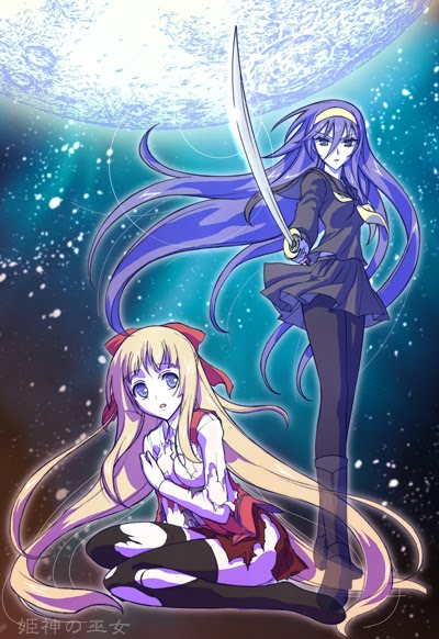 blonde_hair, blue_hair, boots, floating_hair, hairband, himegami_no_miko, hinomiya_himeko, kaishaku