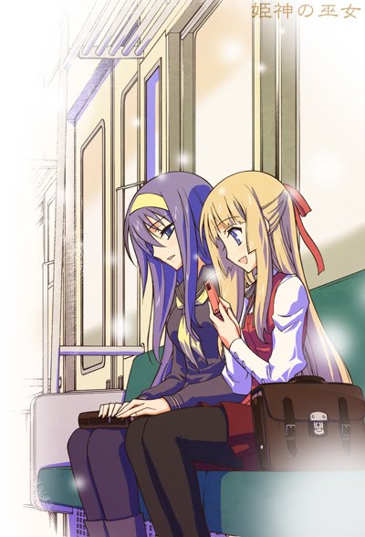 bag, blonde_hair, blue_hair, cellphone, hair_ribbon, hairband, himegami_no_miko, hinomiya_himeko, kaishaku, kouzuki_chikane, multiple_girls, official_art, pantyhose, phone, ribbon, school_bag, school_uniform, serafuku, sitting, train