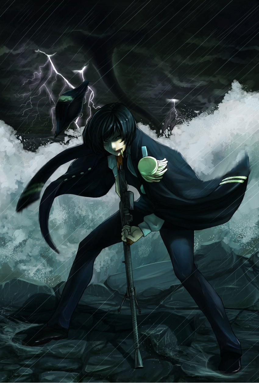 alternate_costume, black_hair, bukimi_isan, bullet, gun, hat, hat_removed, headwear_removed