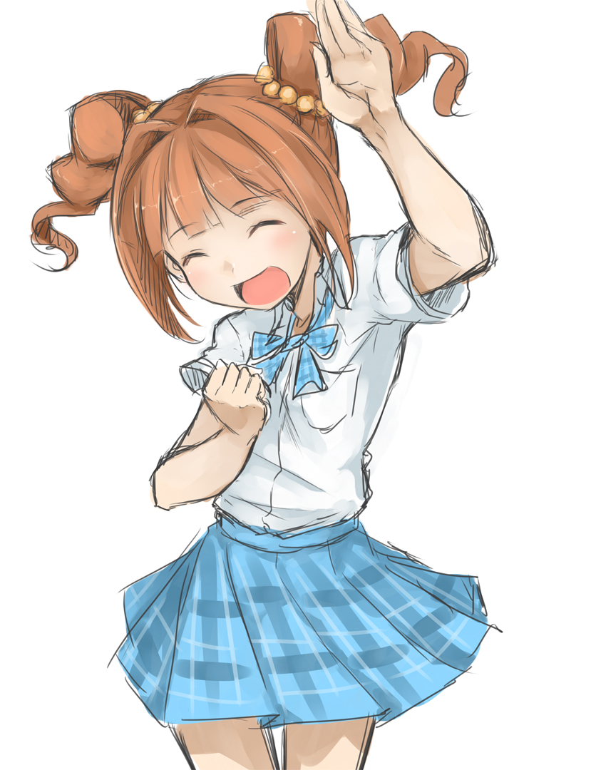 :d, ^_^, arm_up, blush, brown_hair, closed_eyes, drill_hair, eyes_closed