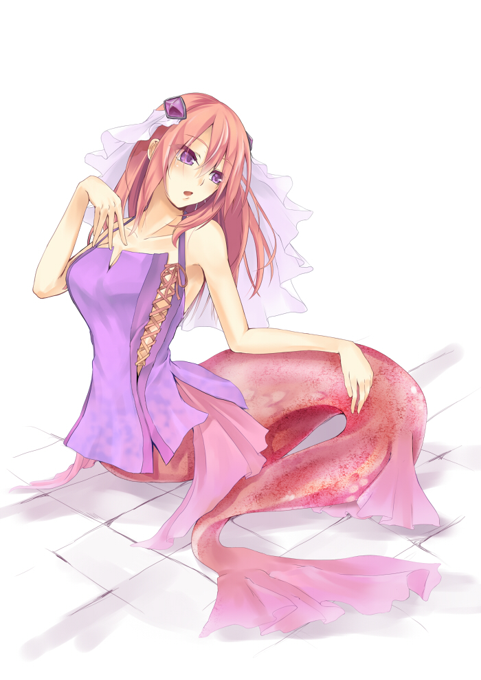 blush, collarbone, dress, hair_ornament, long_hair, mermaid, monster_girl, open_mouth, orange_hair, original, otogi_(s_in_w), pink_hair, purple_eyes, solo, tail, violet_eyes