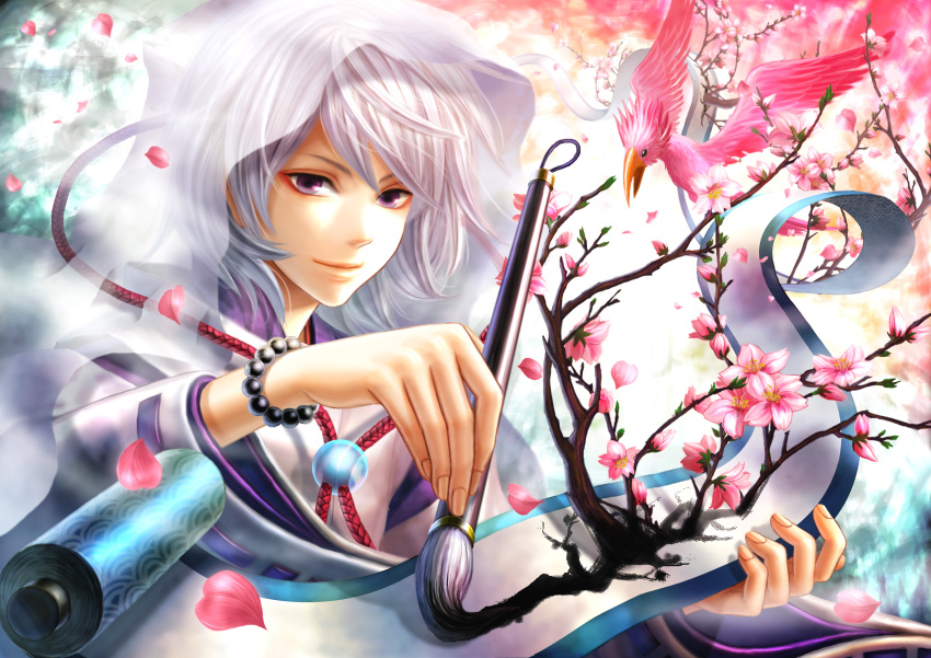absurdres, bird, bracelet, cherry_blossoms, flower, flower_petals, haru_(toyst), highres