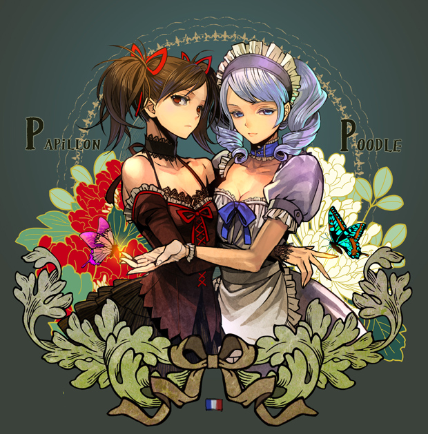 agasang, bare_shoulders, blue_eyes, bow, breasts, brown_eyes, brown_hair, cleavage