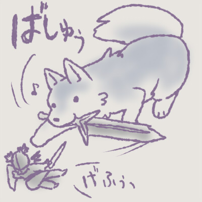 dark_souls, fukuwan, great_grey_wolf_sif, lowres, musical_note, sword, weapon, wolf