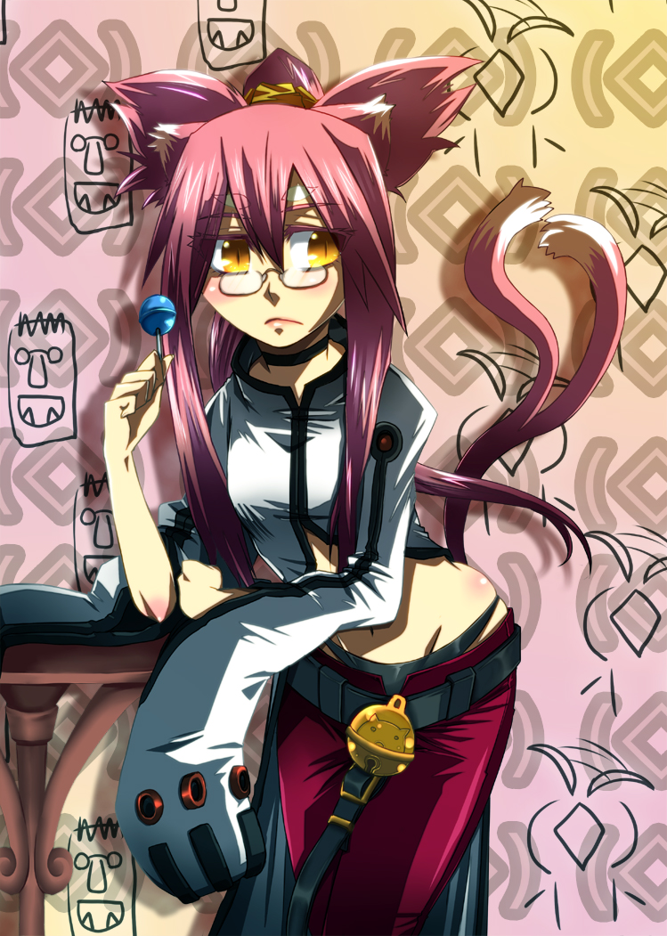 bell, belt, blazblue, blush, body_blush, cat_ears, cat_eyes, cat_tail, female, glasses, kokonoe, labcoat, lollipop, long_hair, midriff, multiple_tails, pink_hair, solo, tail, teijin, yellow_eyes