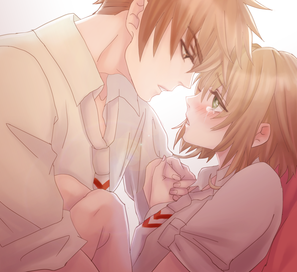 1girl, bad_id, brown_hair, card_captor_sakura, cardcaptor_sakura, child, couple, eye_contact, green_eyes, haruhito1211, kinomoto_sakura, li_xiaolang, looking_at_another, male, school_uniform, short_hair, teenage