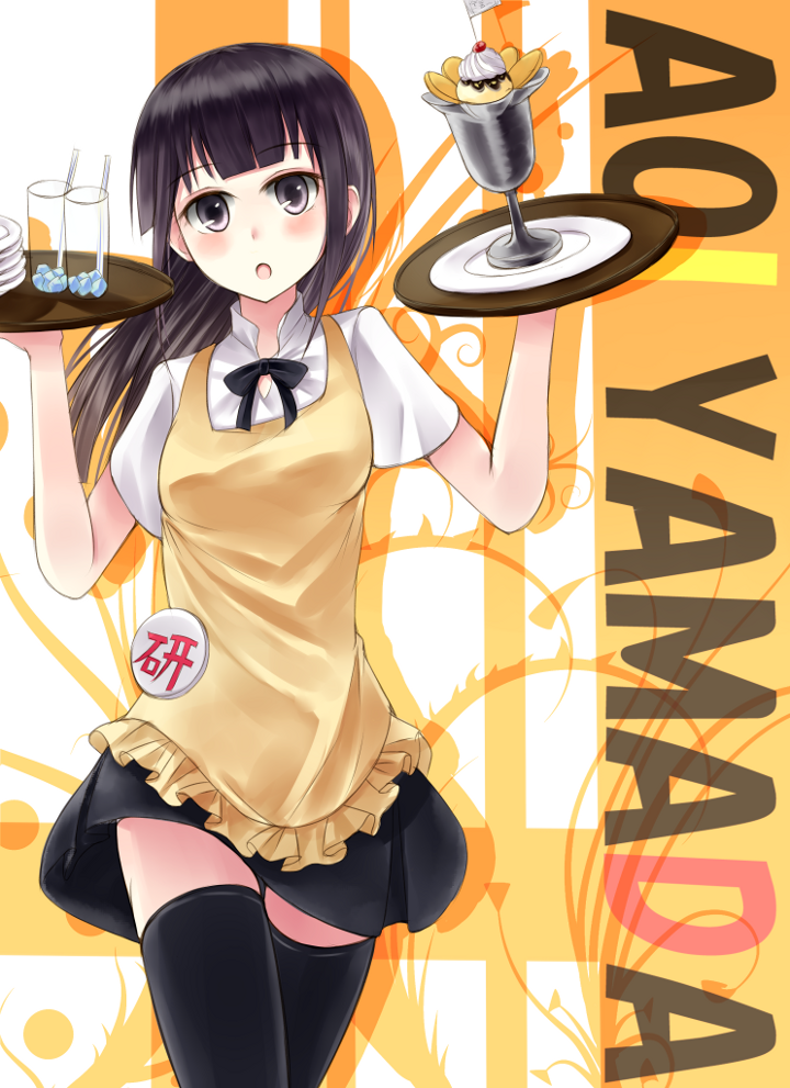 apron, bad_id, kino_(kino_buro), thigh-highs, thighhighs, tray, waitress, working!!