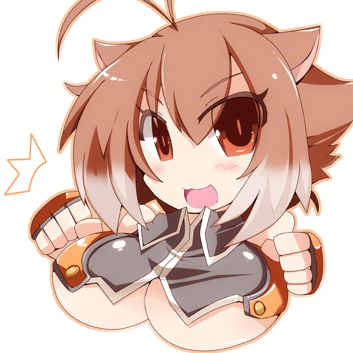 antenna_hair, blazblue, breasts, brown_eyes, brown_hair, fingerless_gloves, gloves, makoto_nanaya