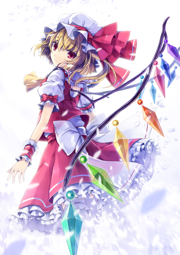 blonde_hair, crystal, dress, flandre_scarlet, frills, hat, hat_ribbon, kiyu, light_smile, looking_at_viewer, looking_back, panties, red_eyes, ribbon, short_hair, side-tie_panties, side_ponytail, smile, solo, the_embodiment_of_scarlet_devil, thigh-highs, thighhighs, touhou, underwear, white_legwear, wings, wrist_cuffs