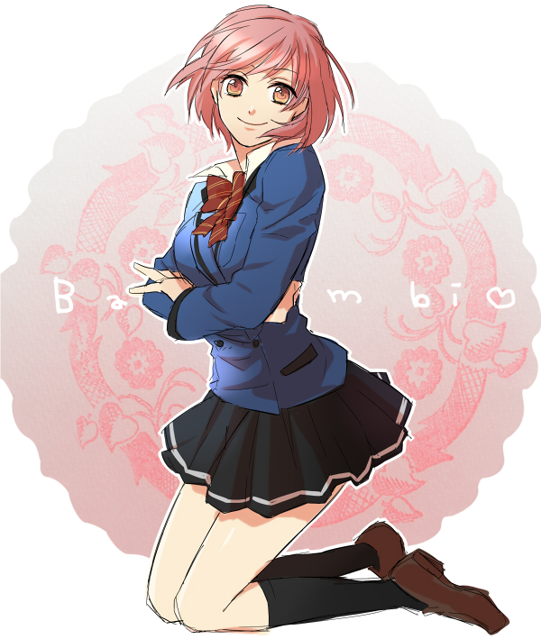 black_legwear, blazer, bow, brown_eyes, brown_hair, crossed_arms, fujiwara, kneehighs