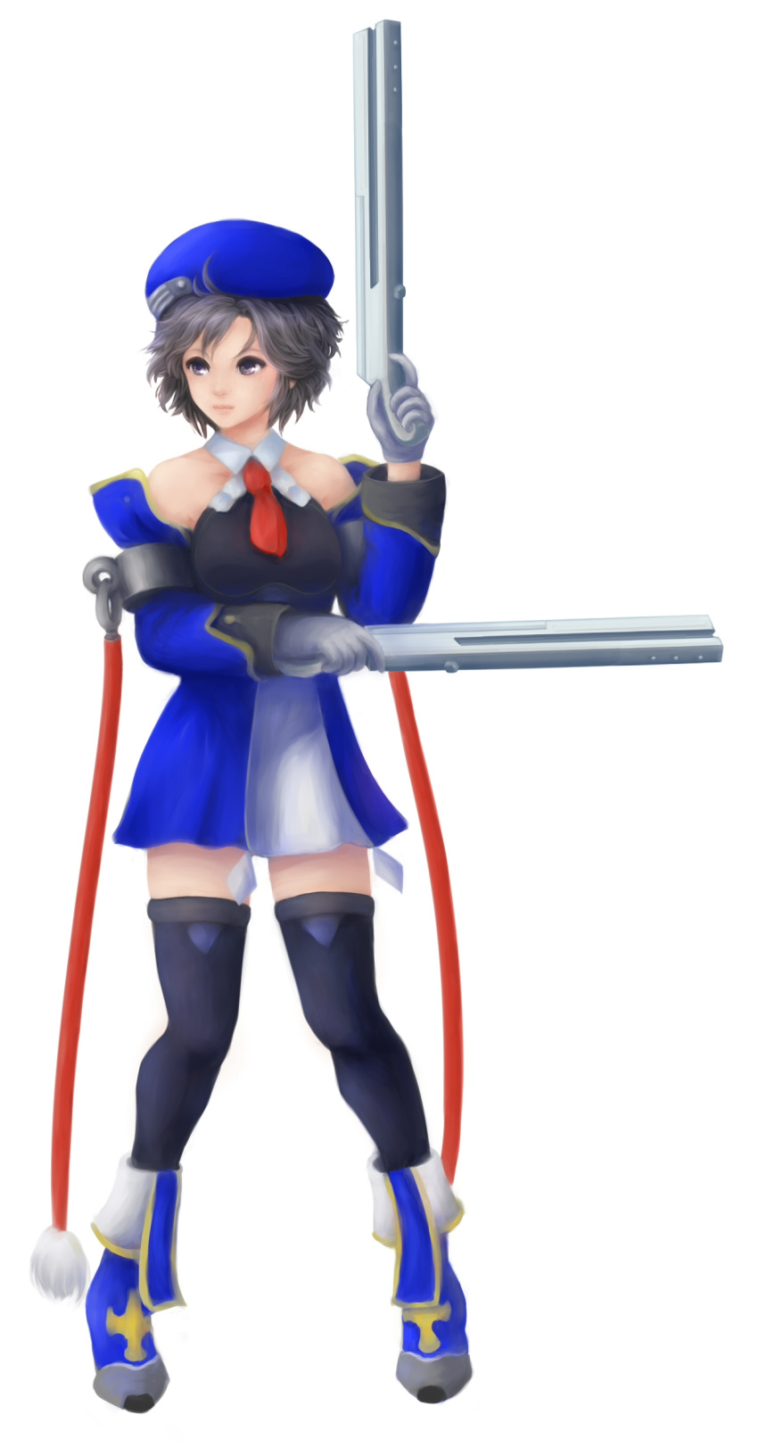 bare_shoulders, beret, black_legwear, blazblue, bolverk, cosplay, derivative_work, detached_sleeves