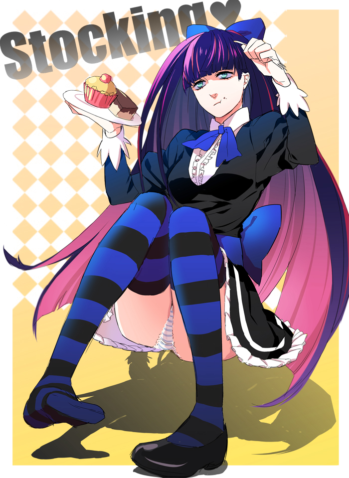 aqua_eyes, bad_id, blue_hair, bow, checkered, checkered_background, dress, food