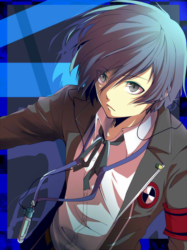 arisato_minato, armband, blue_eyes, blue_hair, bow, digital_media_player, headphones, kazanami, male, persona, persona_3, ribbon, school_uniform, solo