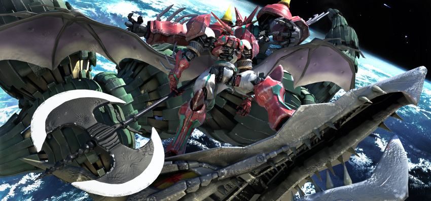 3d, absurdres, axe, earth, getter_robo, getter_robo_armageddon, getter_shin_dragon, highres, mecha, shin_dragon, shin_getter-1, shin_getter_robo, space, super_robot, weapon, wings