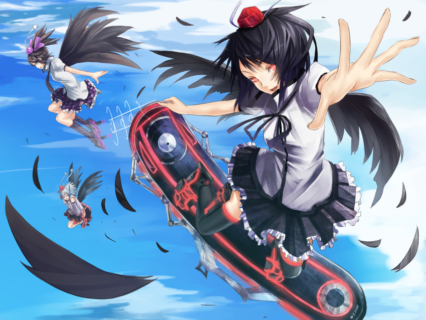animal_ears, black_hair, black_legwear, black_wings, clouds, feathers, flying, foreshortening