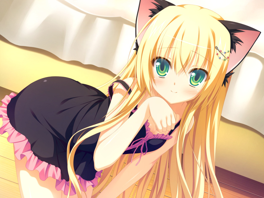 artist_request, bent_over, blonde_hair, blush, cat_ears, cat_pose, character_request, game_cg