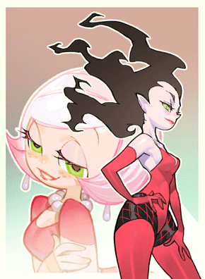 animated_gif, artist_request, black_hair, earrings, elbow_gloves, fishnet_pantyhose, fishnets, gloves, green_eyes, jewelry, lipstick, long_hair, lowres, makeup, necklace, pantyhose, pointy_ears, powerpuff_girls, sedusa, simple_background, thighhighs, yoshinari_you