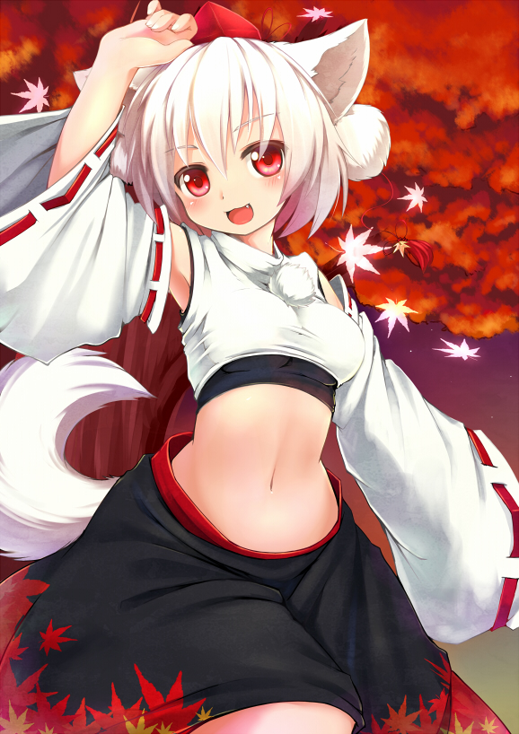 :3, animal_ears, arm_up, bare_shoulders, blush, breasts, detached_sleeves, fang