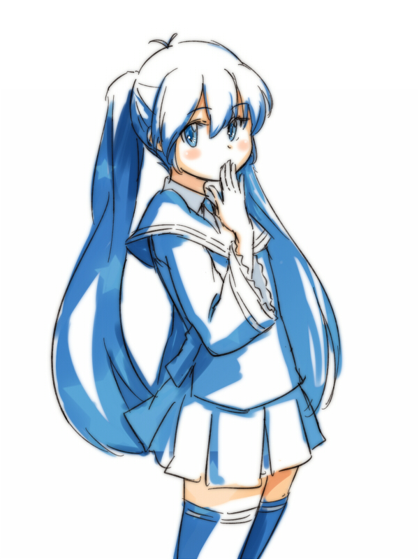 ahoge, antenna_hair, blue_eyes, blue_hair, blue_legwear, blush, hand_to_mouth, imaichi_moenai_ko