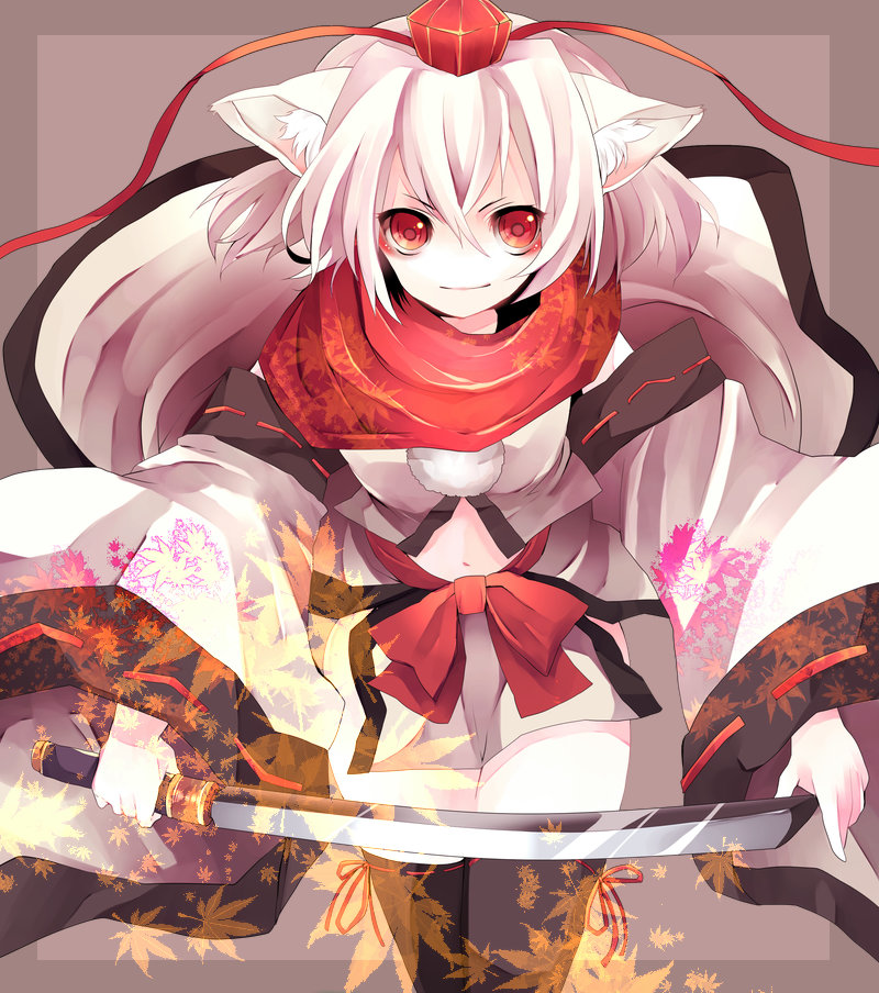 (21)suke, black_legwear, hat, inubashiri_momiji, leaf, midriff, mihatarou, navel