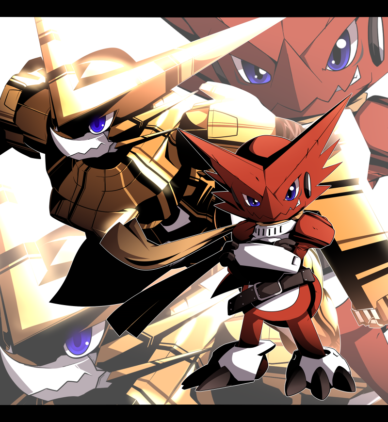 blue_eyes, cape, crossed_arms, digimon, digimon_xros_wars, letterboxed, nijiirosekai, no_humans