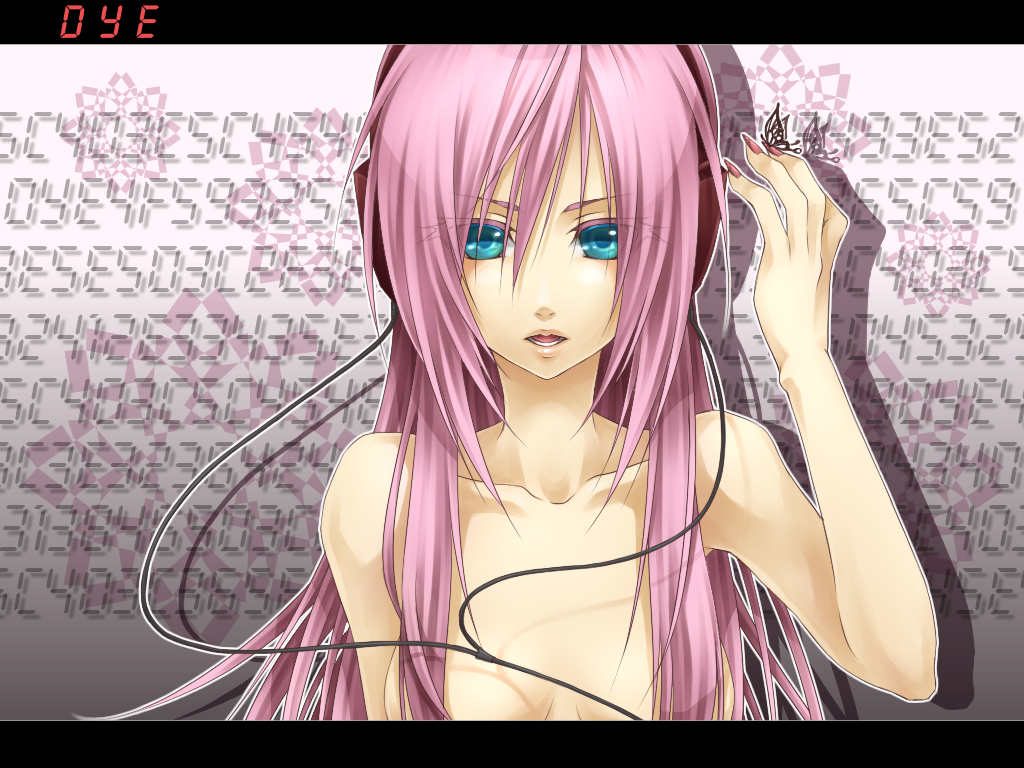 aqua_eyes, avtechno!, bad_id, bare_shoulders, breasts, butterfly, dye_(vocaloid), face, headphones, hexadecimal, long_hair, megurine_luka, nail_polish, pink_hair, portrait, solo, ueno_tsuki, vocaloid