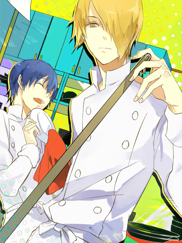 blonde_hair, blue_hair, closed_eyes, eyes_closed, hair_over_one_eye, jiku_(0128hirosi), multiple_boys, satou_jun, souma_hiroomi, working!!