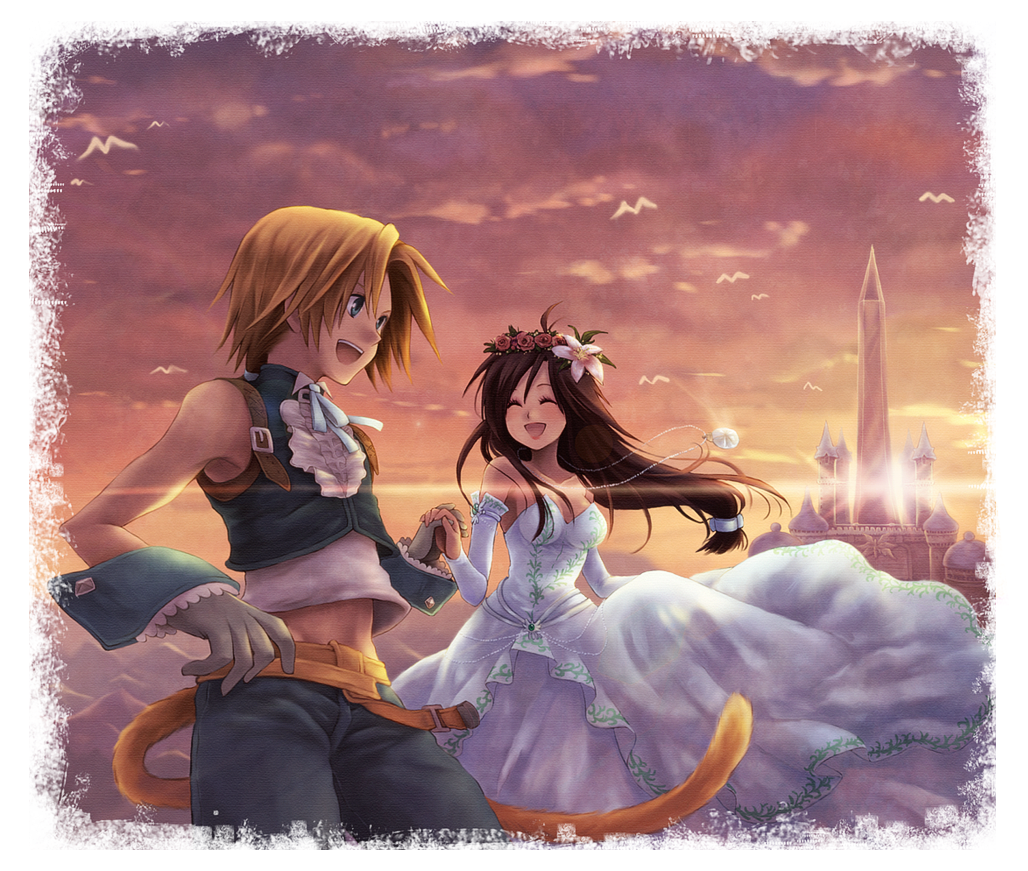 1boy, 1girl, belt, blonde_hair, blue_eyes, blush, breasts, brown_hair