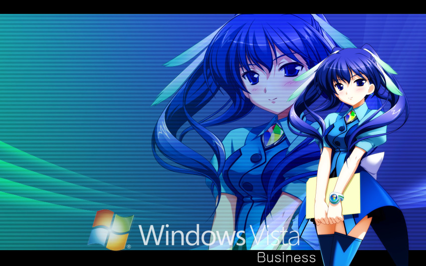 blue_hair, blush, folder, highres, long_hair, os, os_tan, skirt, solo, thigh_highs, thighhighs, twintails, uniform, vista, vista_business_tan, vista_tan, wallpaper, zoom_layer