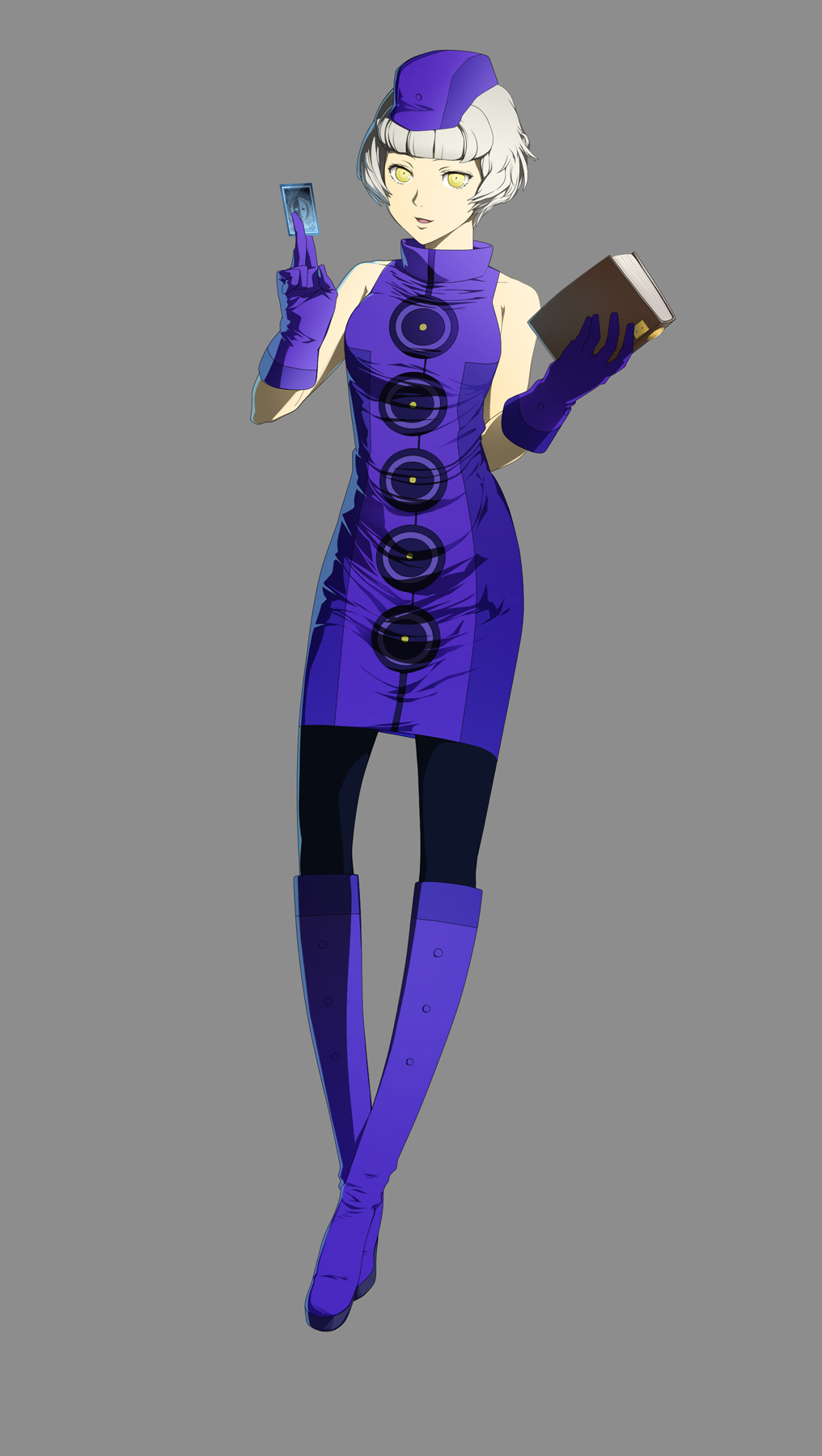 black_legwear, book, boots, card, dress, elevator_attendant, elizabeth_(persona), elizabeth_(persona_3), gloves, hat, highres, holding, holding_card, looking_at_viewer, pantyhose, persona, persona_3, persona_4, persona_4:_the_ultimate_in_mayonaka_arena, short_hair, simple_background, sleeveless, sleeveless_dress, solo, ultra00, white_hair, yellow_eyes