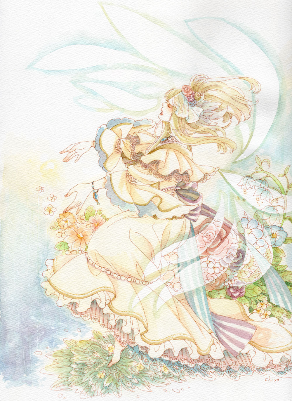 barefoot, blonde_hair, blue_rose, bow, bracelet, chiyo_(chidori), closed_eyes, dress