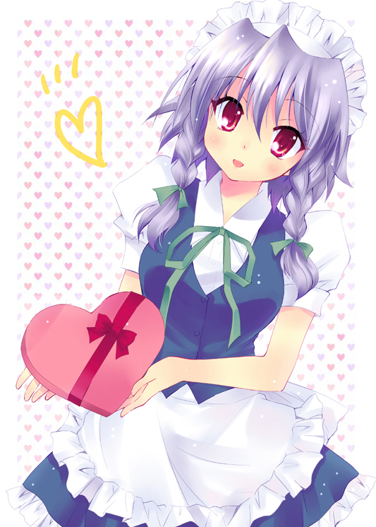 1girl, aya_ojo, bow, gift, grey_hair, hair_bow, heart, holding, holding_gift, hoshino_madoka, incoming_gift, izayoi_sakuya, maid, maid_headdress, red_eyes, ribbon, short_hair, solo, touhou, valentine