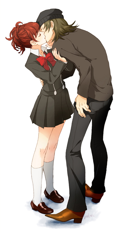 1girl, aragaki_shinjirou, beanie, bow, brown_hair, closed_eyes, couple, eyes_closed, female_protagonist_(persona_3), hat, kiss, kneehighs, persona, persona_3, persona_3_portable, ponytail, purin_(iddunpg), red_hair, redhead, school_uniform, short_hair, short_ponytail, signature, simple_background, skirt, white_legwear