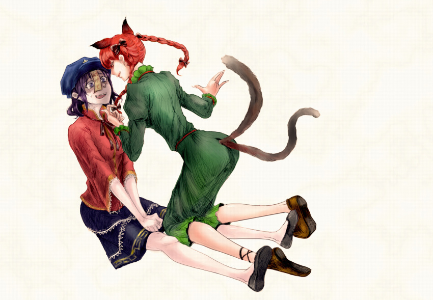 animal_ears, black_eyes, braid, cat_ears, dress, fang, green_dress, hat, kaenbyou_rin, long_hair, miyako_yoshika, multiple_girls, multiple_tails, ofuda, open_mouth, red_eyes, red_hair, redhead, ribbon, shizu25, short_hair, skirt, sweatdrop, tail, tears, touhou, twin_braids