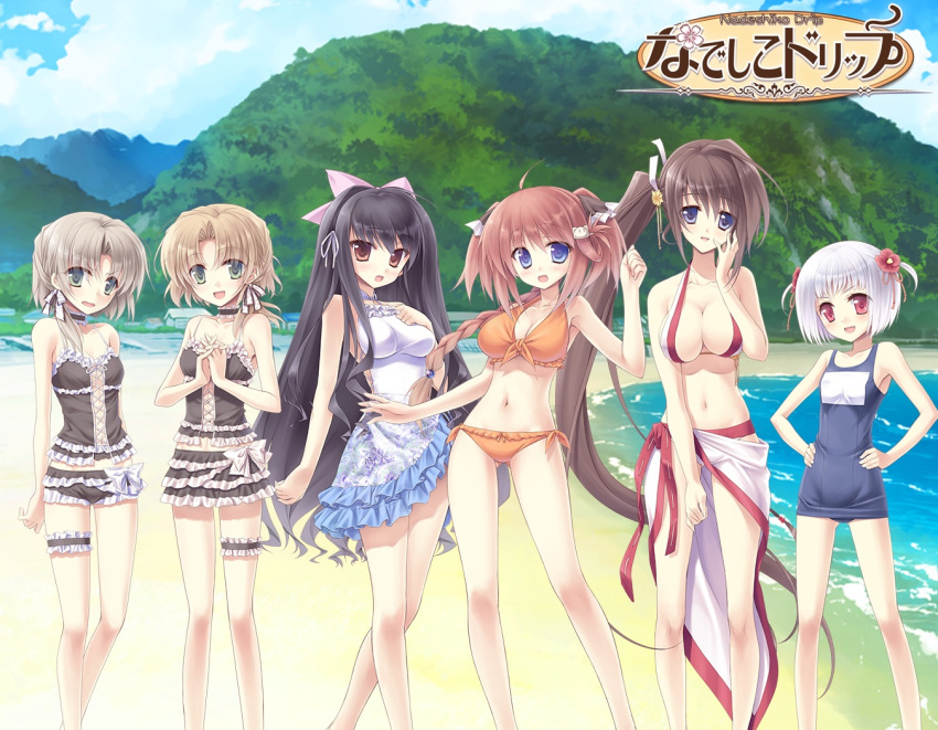 6+girls, 6girls, beach, bikini, breasts, casual_one-piece_swimsuit, cleavage, flat_chest