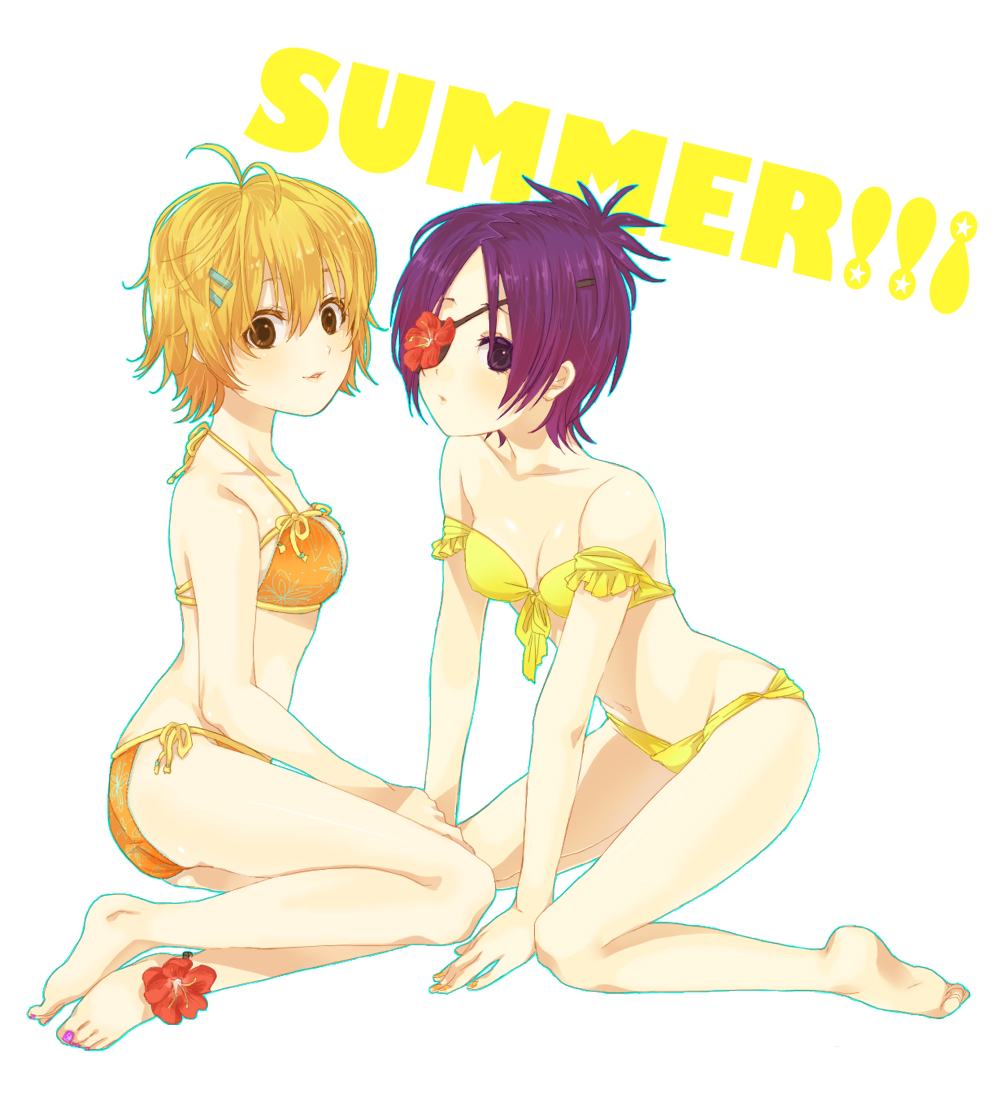 akua, barefoot, bikini, blonde_hair, brown_hair, chrome_dokuro, flower, hibiscus, katekyo_hitman_reborn, katekyo_hitman_reborn!, multiple_girls, purple_eyes, purple_hair, sasagawa_kyouko, short_hair, swimsuit, violet_eyes
