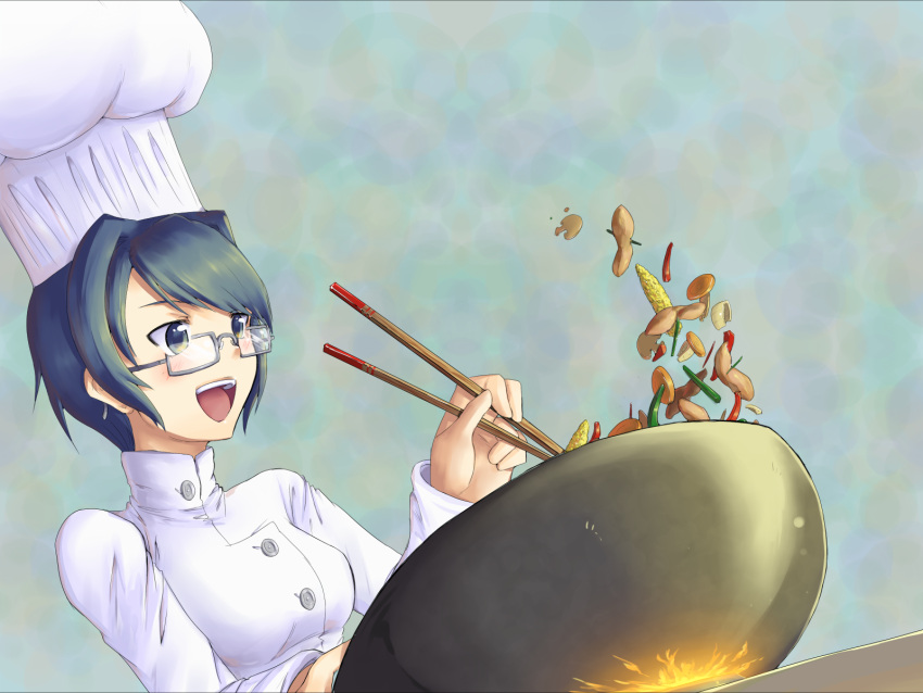 1girl, blue_hair, chef, chef_hat, chopsticks, cooking, cyzir_visheen, female, fire, glasses, hakamichi_shizune, hat, highres, katawa_shoujo, short_hair, solo, toque_blanche, wok