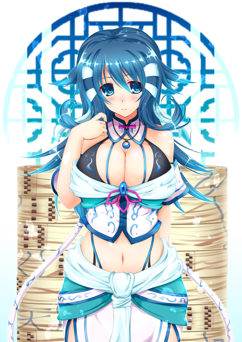 bare_shoulders, blue_eyes, blue_hair, blush, breasts, choker, cleavage, hair_ornament