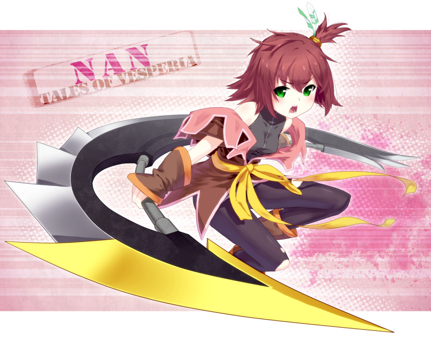 angry, bad_id, blade, boots, brown_hair, character_name, gloves, green_eyes
