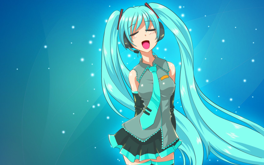 aqua_hair, arms_behind_back, artist_request, closed_eyes, el-sato, eyes_closed, hatsune_miku, highres