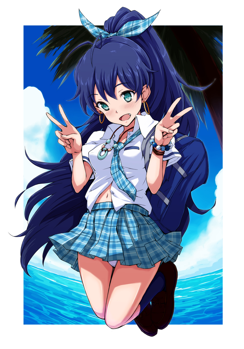 :d, bag, black_hair, blue_sky, blush, bracelet, cloud, double_v