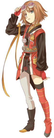 brown_hair, fingerless_gloves, gloves, goggles, goggles_on_head, green_eyes, miho_(mi), mismatched_footwear, mismatched_legwear, rita_mordio, short_hair, solo, striped, striped_legwear, tales_of_(series), tales_of_vesperia, thighhighs