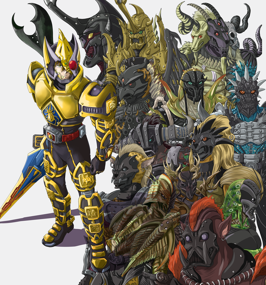 ashi_ura, beetle_undead, belt, boar_undead, buffalo_undead, caucasus_undead, deer_undead, eagle_undead, goat_undead, green_eyes, horn, horns, jaguar_undead, kamen_rider, kamen_rider_blade, kamen_rider_blade_(series), kenzaki_kazuma, lion_undead, lizard_undead, locust_undead, monster, scarab_undead, sword, trilobite_undead, weapon