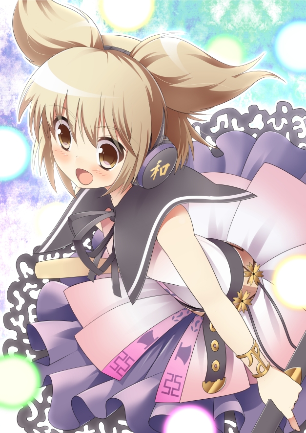 belt, blonde_hair, blush, brown_eyes, earmuffs, flower, headphones, lights