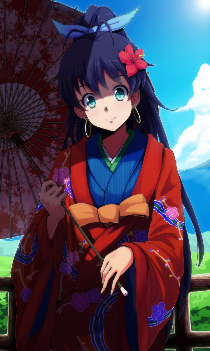 antenna_hair, aqua_eyes, blue_eyes, blush, bow, cloud, earrings, flower